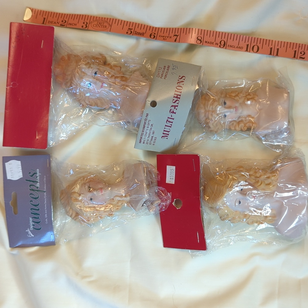 Lot of 4 large Porcelain doll heads w/ arms NWT, vintage, all different